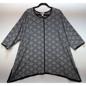 Cj Banks Womens Tunic Top Round Neck Asymmetrical Size 3X Black White 3/4 Sleeve
